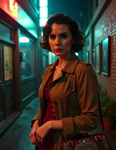 In a noir-inspired, rain-soaked alleyway of 1940s New York City, D4RC1D, a woman with short black hair styled in sharp, sleek curls, stands defiantly under the dim neon glow of a dingy streetlight. Her eyes, full of determination and resilience, pierce thr...