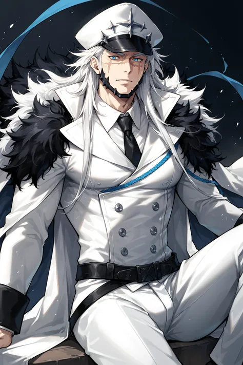 barton_(as), solo, white hair, long hair, blue eyes, (((mature male))), scar across eye, white hat, white coat, white pants, fur trim, sitting,

score_7_up, best quality, amazing quality, best aesthetic, absurdres, KA