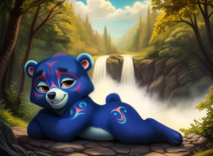 <lora:KodSpiRanYiff:1> KodSpiRan, bear, dark blue fur, chibi, brown eyes, patterns on the body, 
[  solo, (nature), forest, day, clouds, waterfall,  (lying on its side, smiling,) 
(beautiful, aesthetic, perfect, delicate, intricate, saturated colors), mast...