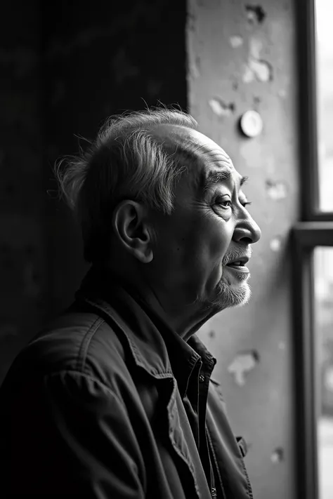 photo, poster,thinning hair, very old asian man, lhp, The image shows an elderly Asian man, A captivating black and white photograph captures the essence of nostalgia and timelessness. In the frame, an elderly figure is portrayed in profile, the play of li...