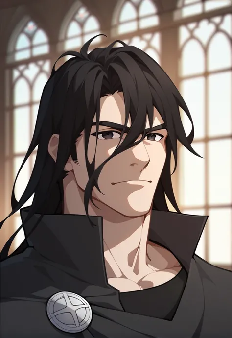 score_9, score_8_up, score_7_up, score_6_up, score_5_up, score_4_up, 1boy, bara, solo, adult, edward, black hair, black eyes, long hair, hair between eyes, bangs, black robes, male focus, magic academy, good eyes, good face, detailed face, detailed eyes, p...