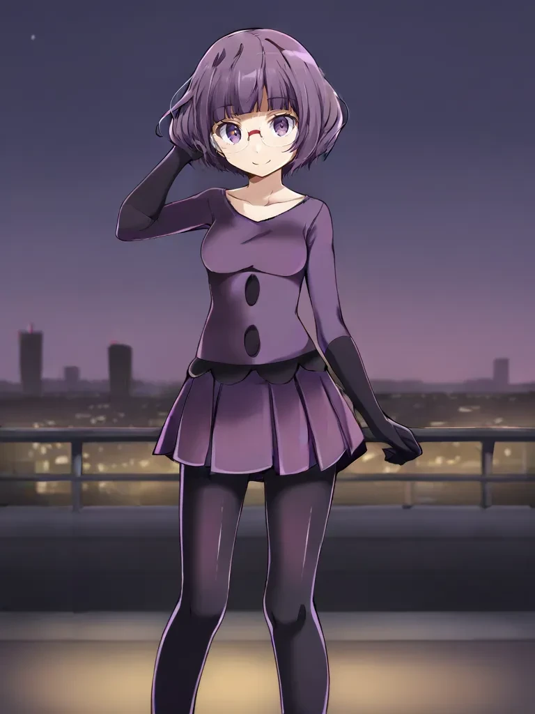 <lora:BWshauntaltsukishiro:0.7>
1girl, solo, shaunshikimital, purple hair, short hair, bob cut, blunt bangs, purple eyes, glasses, purple shirt, elbow gloves, purple skirt, pantyhose, outdoors, city, night, standing, hand on hair, smile