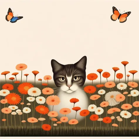 a cat in a garden, flowers, a single butterfly