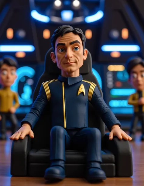 play-doh style <lora:lorca-flux:1> Captain Gabriel Lorca sitting confidently in the captains chair on the bridge of the USS Discovery. The futuristic, sleek interior of the starship surrounds him, with the control panels glowing softly in the background. L...