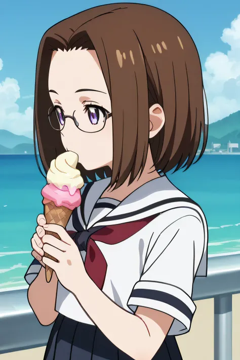 score_9, score_8_up, score_7_up, source_anime, rating_safe, intricate details, anime screencap, official style, 1girl, <lora:Shijo_Mitsue:1>, mitsue, short hair, forehead, purple eyes, brown hair, glasses, serafuku, red neckerchief, black pleated skirt, co...