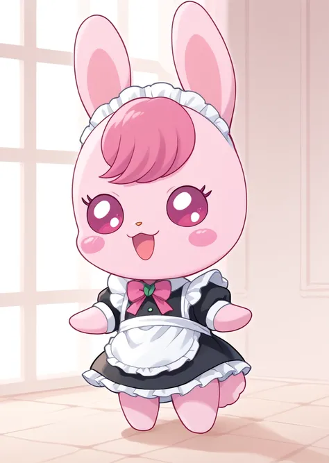 score_9, score_8_up, score_7_up, score_6_up, score_5_up, BREAK
Rabirin, source_furry, ((solo)), 1girl, blush, smile, open mouth, pink hair, pink eyes,chibi, blush stickers, rabbit, furry, pink fur, house, maid dress,