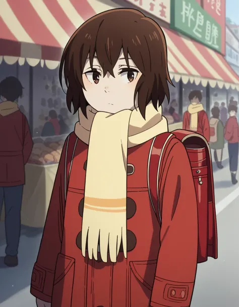 score_9, score_8_up, score_7_up, source_anime, <lora:kayo-hinazuki-s1-ponyxl-lora-nochekaiser:1>, kayo hinazuki, short hair, brown hair, brown eyes,, skirt, long sleeves, pleated skirt, scarf, coat, backpack, randoseru, red coat, yellow scarf,, street mark...