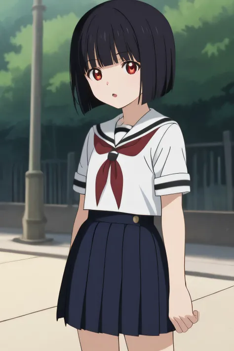 score_9, score_8_up, score_7_up, source_anime, rating_safe, intricate details, anime screencap, official style, 1girl, <lora:Saegusa_Miko:1>, saegusa, black hair, red eyes, bob cut, flat chest, serafuku, red neckerchief, black pleated skirt, looking at vie...