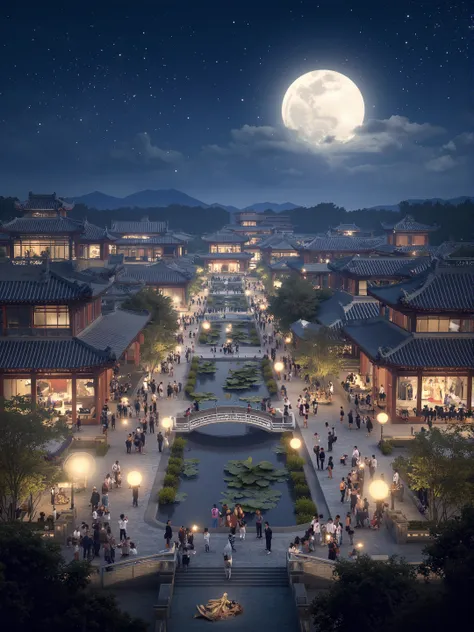 Ancient Architecture Mid-Autumn Festival Celebration: A majestic nighttime advertisement showcasing the grandeur of ancient architecture,steeped in the rich heritage of the Mid-Autumn Festival,with a backdrop of lively festivities and stunning celestial di...