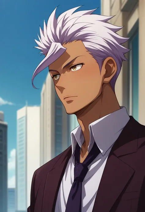 score_9, score_8_up, score_7_up, source_anime, highly detailed,
itsuka, 1boy, solo, dark-skinned male, male focus, dark skin, formal suit, purple suit, necktie, white hair, yellow eyes, upper body,
outdoor, building, sky,