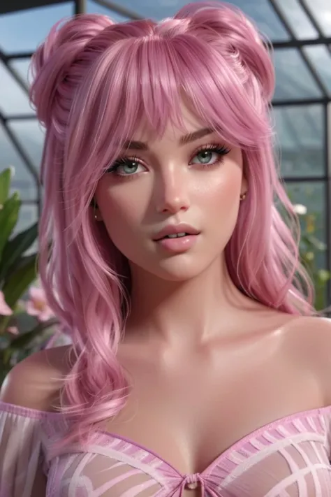  masterpiece, best quality, ultra-detailed, 8k, 1girl, solo, face shot, pink hair, ella, straight hair, half sleeves top,  blunt bangs,pretty face, looking at viewer, shiny skin, beautiful eyes, makeup, indoors, glass greenhouse,  scenery view, reflection,...