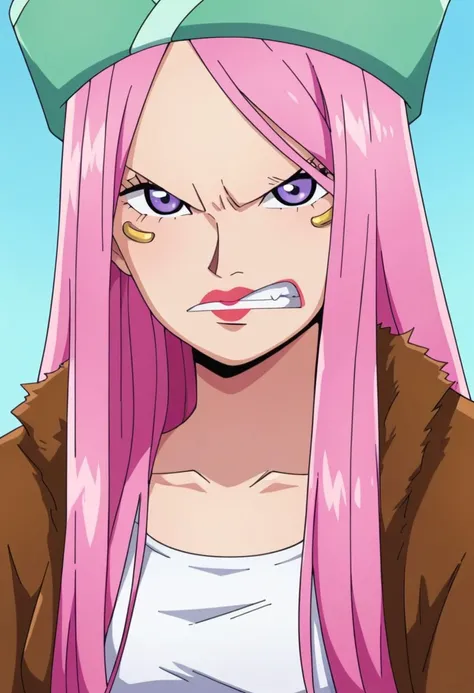 score_9, score_8_up, score_7_up, 1girl, solo, j3welry b0nney, hat, pink hair, long hair, purple eyes, crop top, cropped jacket, portrait, looking at viewer, frown, clenched teeth, lipstick