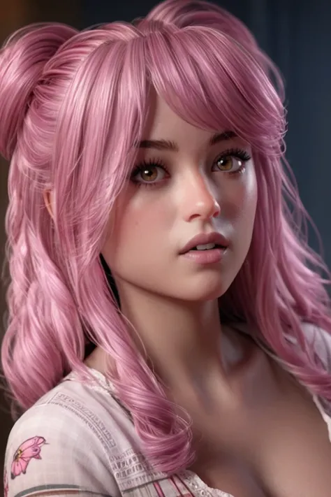 (masterpiece, 8k, HDR, intricate details, extreme quality, highly detailed, hyper realistic),ella, 1girl, close up face,  long hair, shirt, breast, pink hair