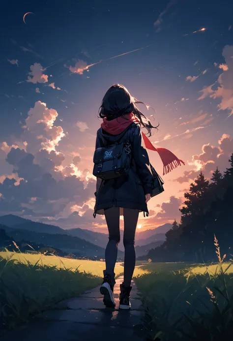 score_9, score_8_up, score_7_up, best quality, source_anime BREAK, 1girl, solo, sky, cloud, outdoors, scenery, black hair, grass, from behind, long hair, standing, cloudy sky, dark, hood, sunset, bag, jacket, night, scarf, long sleeves, facing away