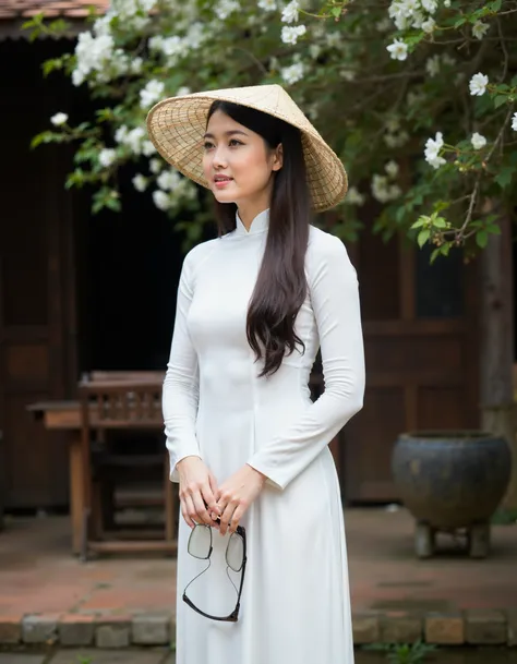 RC Hoang, Vietnamese, aodai v09, a young woman wearing a traditional Vietnamese dress and a straw hat. She is standing in front of a wooden building with a tree with white flowers in the background. The woman is holding a pair of glasses in her hands and a...