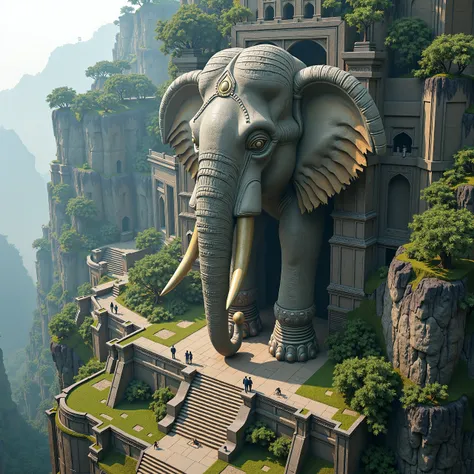  "Imagine an ancient, colossal stone elephant sculpture, carved into the side of a towering cliff, captured from a birds-eye view as if taken by a drone. The sculpture stands majestically amidst a sprawling, ancient city or temple complex, with monumental ...