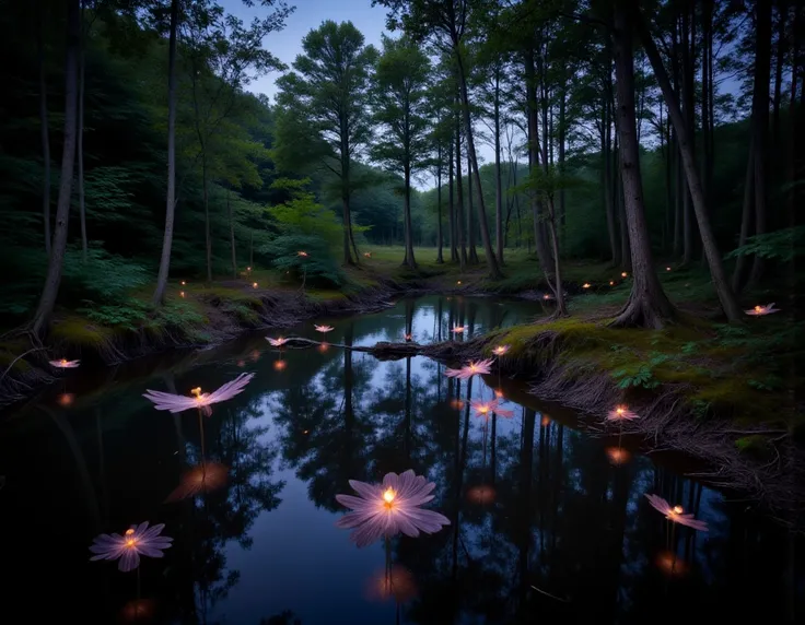 <lora:fairy_forest:1>,photography of a lake in a forest at night, around the lake multiple faires are flying around,