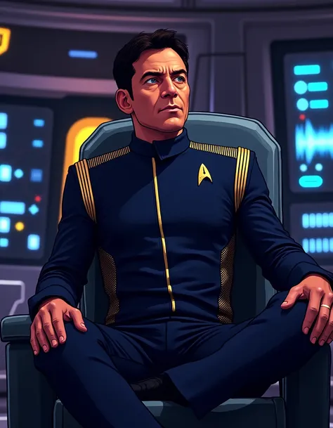 pixel-art <lora:lorca-flux:0.6> Captain Gabriel Lorca sitting confidently in the captains chair on the bridge of the USS Discovery. The futuristic, sleek interior of the starship surrounds him, with the control panels glowing softly in the background. Lorc...