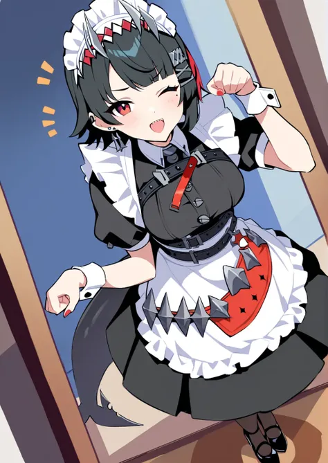 1girl,
ellen joe,
zenless zone zero,poco_(asahi_age),
solo,frown,black hair,red eyes,maid headdress,pantyhose,short sleeves,maid,high heels,dress,breasts,black footwear,puffy sleeves,frills,red nails,tail,short hair,black dress,wrist cuffs,bangs,puffy shor...