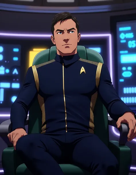 anime artwork anime artwork <lora:lorca-flux:0.9> Captain Gabriel Lorca sitting confidently in the captains chair on the bridge of the USS Discovery. The futuristic, sleek interior of the starship surrounds him, with the control panels glowing softly in th...