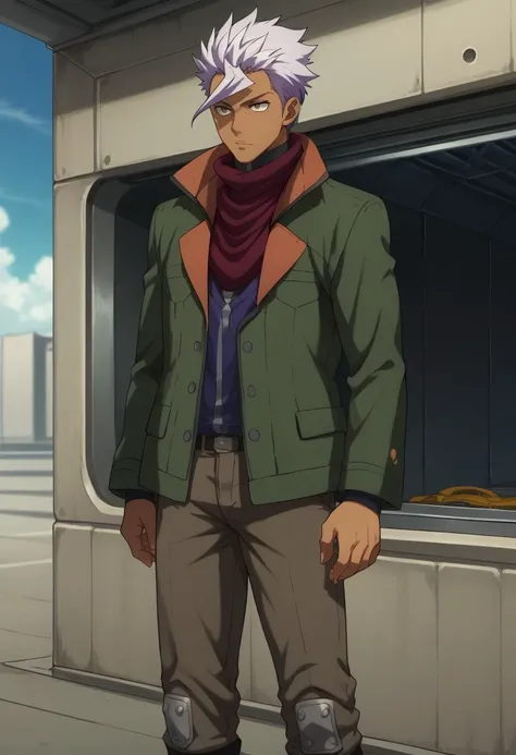 score_9, score_8_up, score_7_up, source_anime, highly detailed,

itsuka, 1boy, solo, male focus, dark-skinned male, jacket, white hair, yellow eyes, dark skin, standing, pants, open jacket, green jacket, spiked hair, open clothes, knee pads, scarf, purple ...