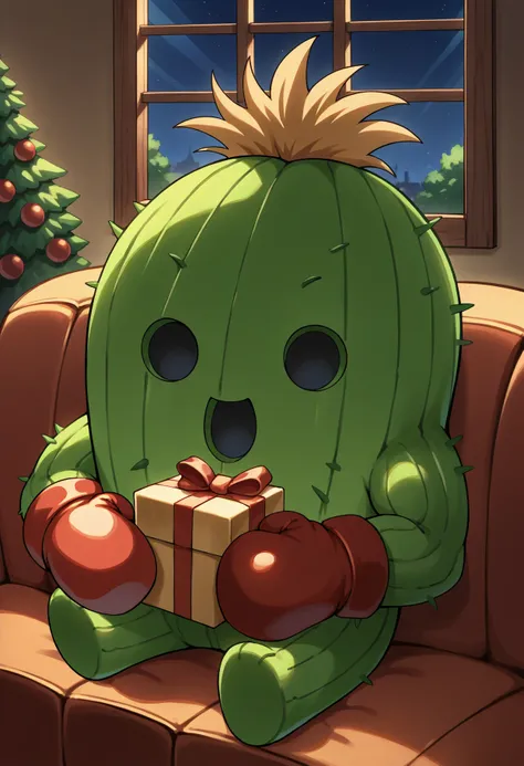 score_9, score_7_up, source_anime, happy, sitting, chibi, holding gift, <lora:TogemonDG-pdxl:1> tgDG, creature, no humans, green skin, black eyes, smile, blonde hair, open mouth, boxing gloves, red gloves, indoors, couch, night, window