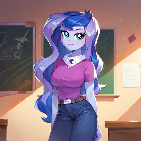 score_9_up, score_8_up, score_7_up, score_6_up, Vice Principal Luna (eg), high quality, best quality, 1girl, classroom background, medium breasts, sultry, purple shirt, denim pants, masterpiece