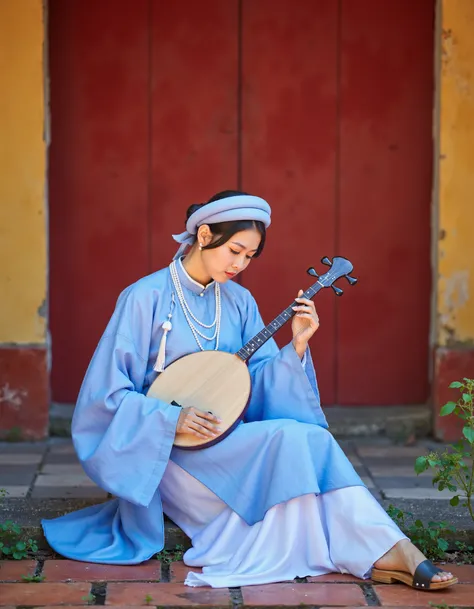 RC Hoang, Vietnamese, aodaiv10, a young woman sitting on the ground in front of a red door. She is wearing a traditional blue dress with a white headscarf and a pearl necklace. The woman is holding a stringed instrument, possibly a mandolin, in her hands a...