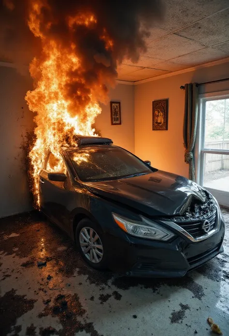 2017altima inside of a homes living room, on fire. There is a huge hole in the wall, and everything is in a mess with flames and smoke everywhere.  <lora:Nissan_Altima_2017_2.5_F1D-000029:0.9>