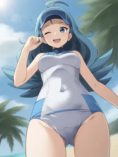 <lora:kahilitsukishiro:0.8>
1girl, solo, kahiligolf, blue hair, long hair, flipped hair, blue headwear, visor cap, ahoge, blue eyes, mole under eye, white swimsuit, outdoors, beach,  standing, wink, open mouth, smile, from below, looking away, cowboy shot