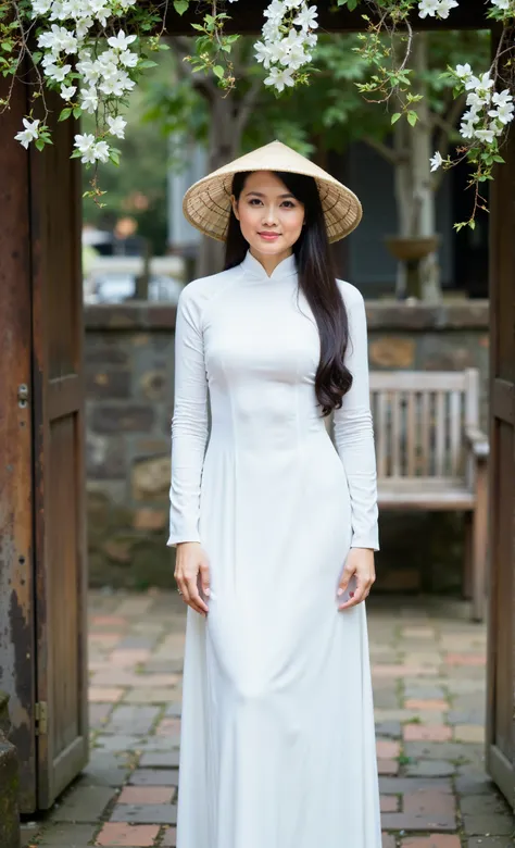 RC Hoang, Vietnamese, aodai v09, a young woman wearing a traditional Vietnamese dress and a conical hat. She is standing in front of a wooden archway with white flowers hanging from it. The woman is wearing a long, flowing white dress with a high neckline ...