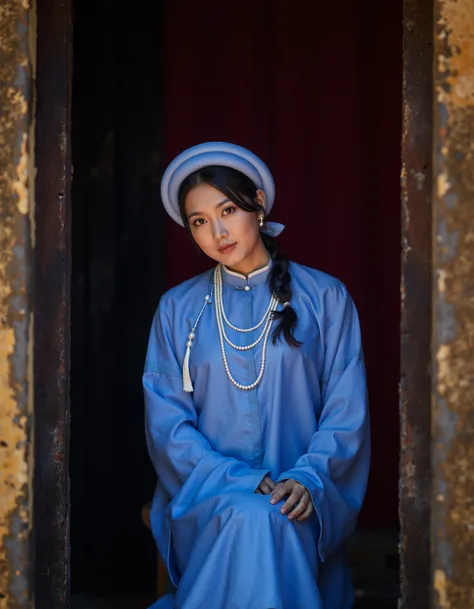 RC Hoang, Vietnamese, aodaiv10, The image is a portrait of a young woman wearing a traditional blue dress and a white hat. She is standing in a doorway with a red curtain in the background. The woman is looking directly at the camera with a serious express...