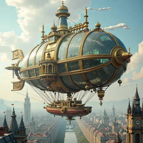  "Imagine a grand steampunk airship floating elegantly above a historic cityscape. The massive vessel is made of polished brass and glass, with large, intricate gears, pipes, and mechanical components driving its flight. The ships gondola resembles an orna...