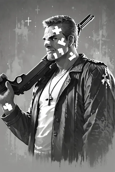 score_9, score_8_up, score_7_up,
monochrome, greyscale, 1boy, male focus, solo, gun, weapon, cross, necklace, scmarv, band-aid
abstract, masterpiece, best quality  <lora:Marv-SinCity:0.7>