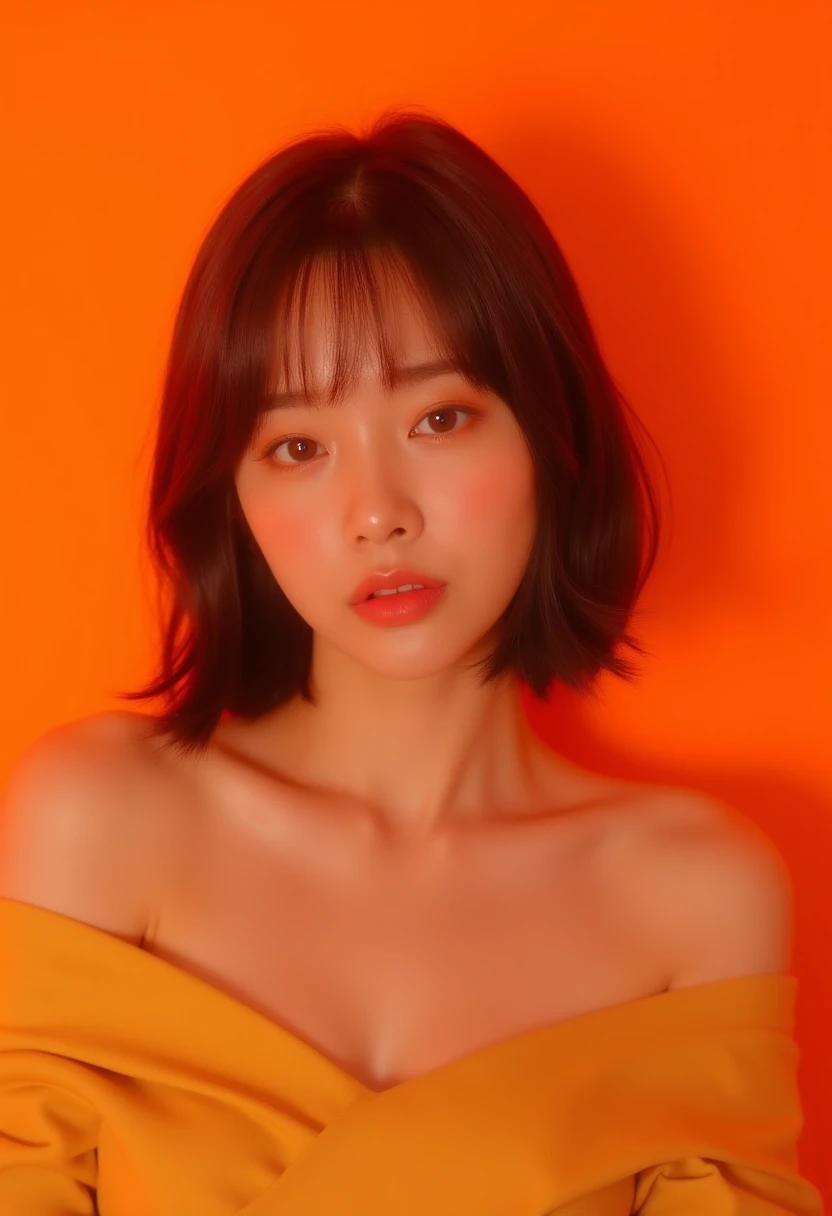 photography, hue, korean woman model, solid orange backdrop, using a camera setup that mimics a large aperture, f/1.4 --ar 9:16 --style raw