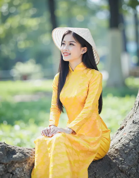 RC Hoang, Vietnamese, aodaiv11, a young woman wearing a traditional Vietnamese dress and a conical hat. She is sitting on a large tree trunk in a park or garden, with trees and greenery in the background. The woman is wearing a long, flowing yellow dress w...