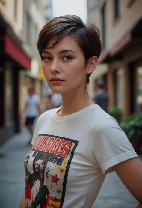 A fashion woman with a chic pixie cut, brown hair, and piercing blue eyes, clad in a bold graphic print T-shirt dress, exudes effortless cool with a relaxed pose and hand on hip, her gaze locked directly on the camera in a tight close-up, styled by Zhang J...