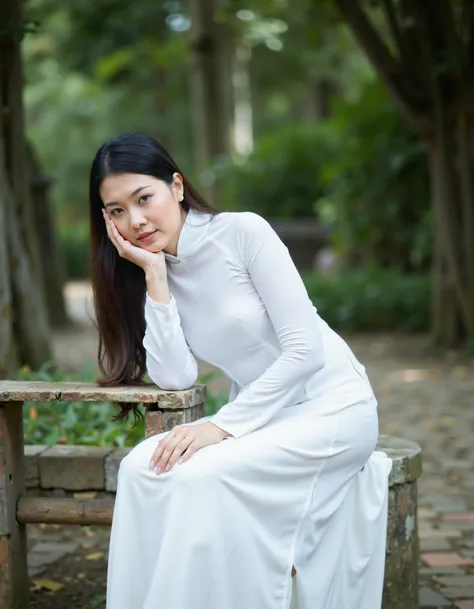 RC Hoang, Vietnamese, aodai v09, a young woman sitting on a stone bench in a park or garden. She is wearing a long white dress with a high neckline and long sleeves. The dress is flowing in the wind and she is resting her head on her hands. She has long da...