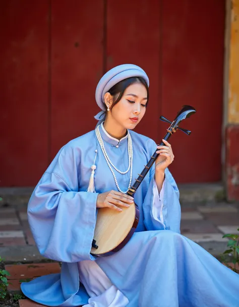 RC Hoang, Vietnamese, aodaiv10, a young woman sitting on the ground in front of a red door. She is wearing a traditional blue dress with a white headscarf and a pearl necklace. The woman is holding a stringed instrument, possibly a mandolin, in her hands a...