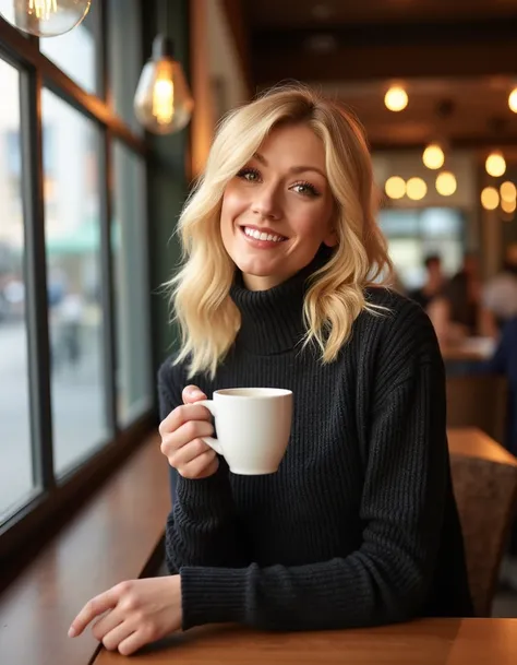 <lora:Katherine_McNamara:1>realistic photo of katherinemc,  blonde, wearing a turtleneck fitted sweater in a cafe having a coffee. looking at the viewer, smiling