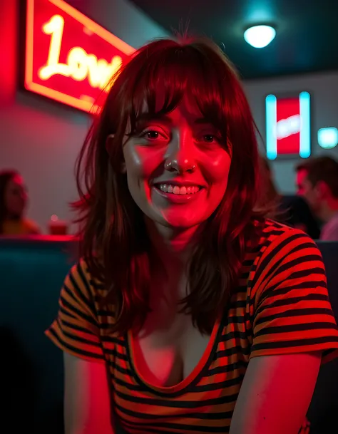 In a gritty, urban setting of a dimly-lit speakeasy, the captivating S4LLYVR, with her brown hair cascading down her shoulders, dons a unique striped short-sleeved shirt that contrasts vividly against the shadowy environment. Her lips part in a radiant smi...