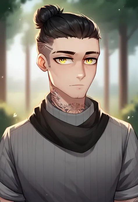 (((detailed, beautiful, high quality))), score_9, score_8_up, score_7_up, upper body,
lom_style,
1male, yellow eyes, black hair, bun hairstyle, gray sweater, rolled up sleeves, dark scarf, tattoos,
looking at the viewer, posing, blurred background, blurred...