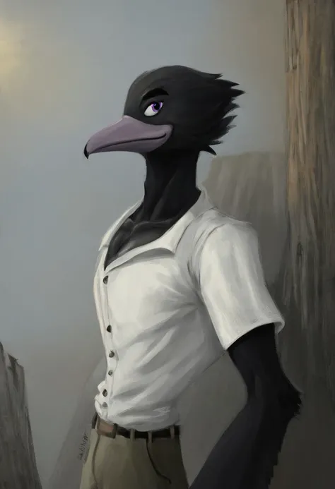 Rito[TLOZ], Rito, avian, bird, feathers, beak, anthro, raven, raven like, large pecs, black body, (Male anthro raven:1.5)
Solo, alone, by himself, 1boy, male.
clothing, clothed, dressed, white shirt, shirt, mid waisted slacks, grey mid waisted slacks, mid ...