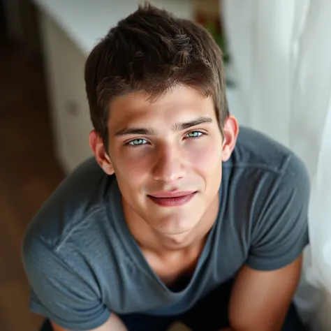 (danny, handsome male 20 yo, slim athletic) looking at viewer, from below, casual clothes, portrait, close up view