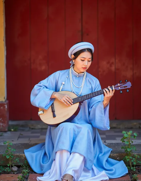 RC Hoang, Vietnamese, aodaiv10, a young woman sitting on the ground in front of a red door. She is wearing a traditional blue dress with a white headscarf and a pearl necklace. The woman is holding a stringed instrument, possibly a mandolin, in her hands a...