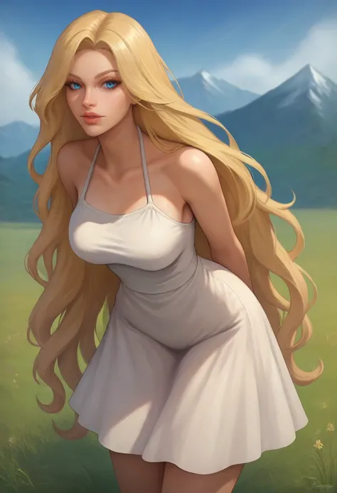 score_9, score_8_up, score_7_up, score_6_up, 1girl, sundress, mountainous horizon, very long hair, blonde hair, blue eyes, lips, long eyelashes, eyeliner, looking at viewer, white dress, outdoors, solo, blurry background, grass, leaning forward, arms behin...