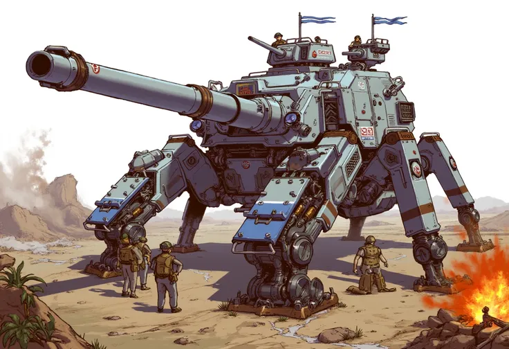 An illustration of a Warhead. The Warhead is a large, complex, mechanized vehicle resembling a cross between a tank and a spider, designed for military use. It features a long, cylindrical barrel protruding from the front, indicative of a powerful weapon s...