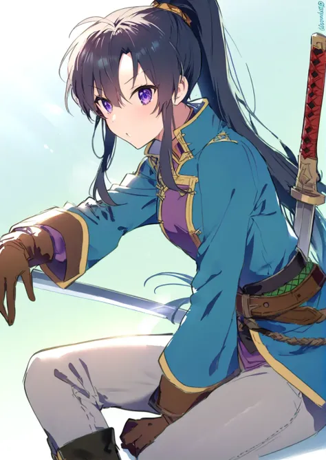 1girl, 
lyn (fire emblem),  
ikeuchi tanuma, 
solo, long hair, sword on back, grey pants, jacket, shirt, gloves, brown gloves, hands on own thighs, looking to the side, purple shirt, twitter username, light rays, high ponytail, long sleeves, sitting, ponyt...