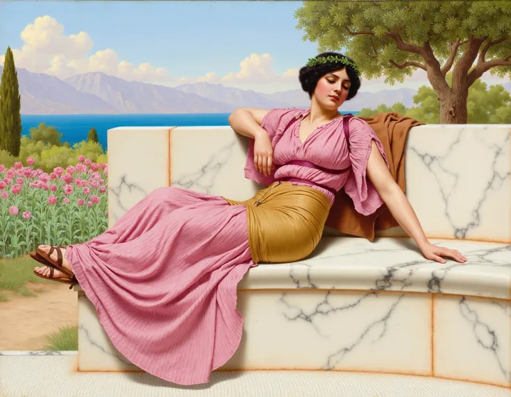 the painting by godward depicts a woman in a flowing pink and gold dress reclining on a marble bench. she wears a wreath of leav...