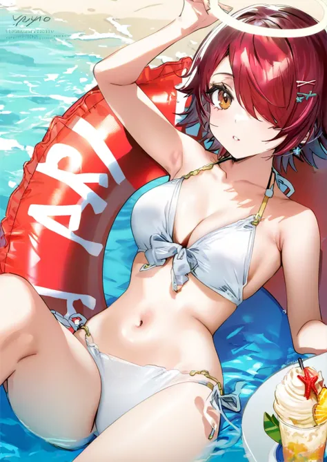 1girl, 
exusiai (arknights),  
yanyo , ogino atsuki, solo, character name, side-tie bikini bottom, red innertube, framed, navel, holding food, ice cream float, breasts, looking up, umbrella, bikini, bare arms, innertube, ice cream, blue sky, cup, looking a...